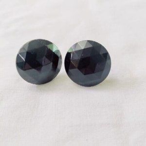 4/$20 Vintage Black Faceted Glass Discs Screwback Earrings Round Domed Button